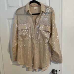 Pilcro Sequin Button Down Shirt | Women’s Size S | Beige Neutral Sparkle Blouse